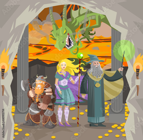 Foto role fantasy characters dwarf wizard and elf in dragon lair
