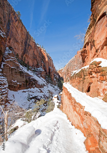 Switchbacks on Angels Landing Hiking Trail during winter in Zion National Park in Utah USA