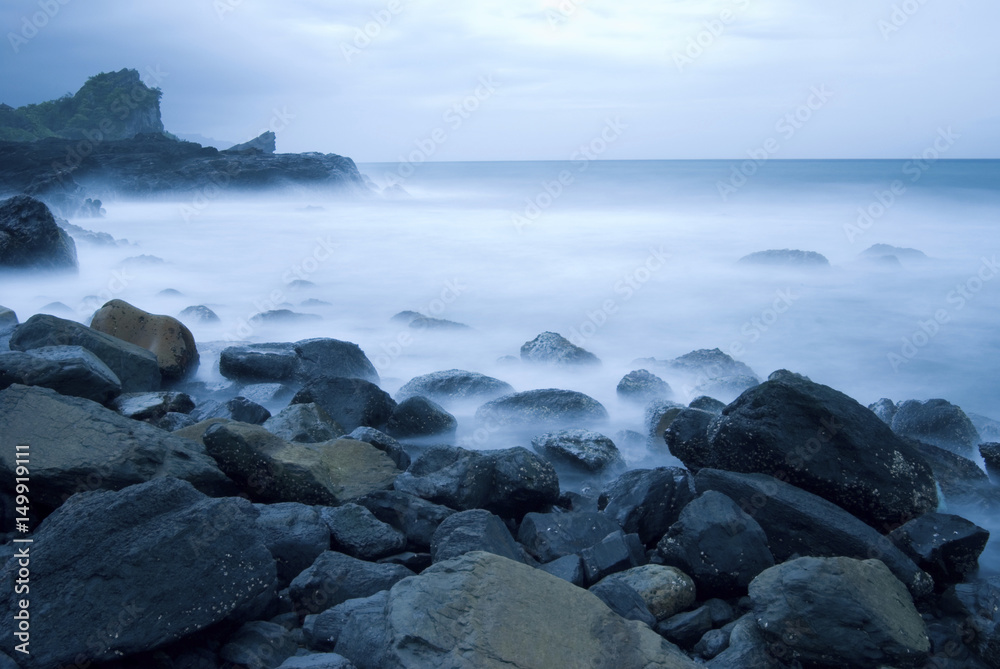 Rocky Seacoast, long time exposure, Taiwan, East Asia Rocky Seacoast, long time exposure, Taiwan, East Asia