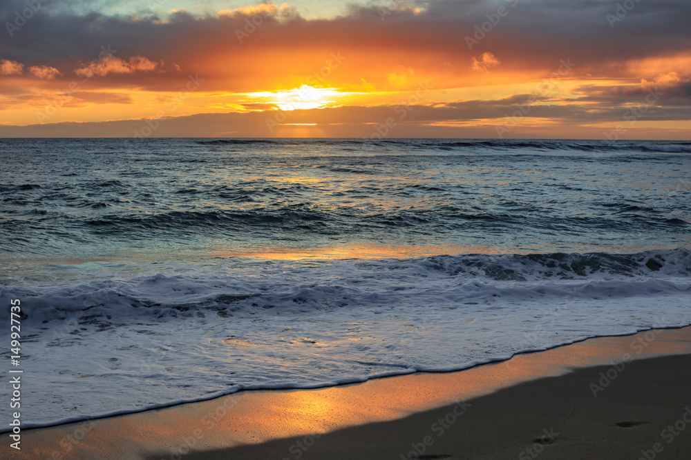 Beautiful sunset time on hawaiian beach with ocean view seascape