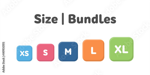 Different size bundles icons set. Literal measurement symbol vector illustration. Labels from extra small to extra large