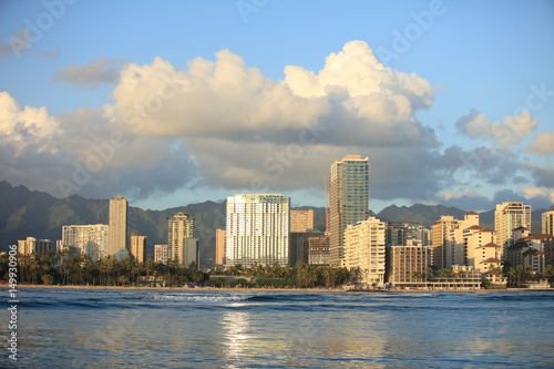 Waikiki beach viewf from ocean to coastline with buildings