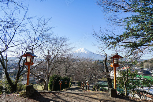 walkway at Chureito Pagoda for Fuji mountain sightseeing taken in the morning in Japan on 6 December 2016