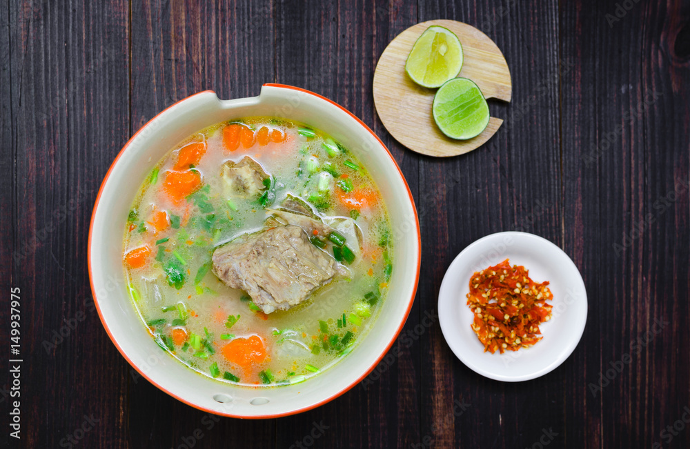 Thai food hot and spicy soup with pork ribs and vegetable Thai food hot and spicy soup with pork ribs and vegetable