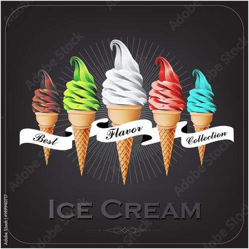 Colorful soft Ice cream in the cone, Different flavors, vintage style, Vector illustration
