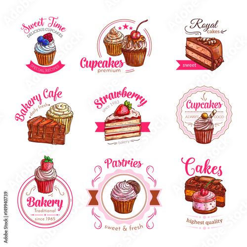 Vector icons of pastry dessert cakes and cupcakes