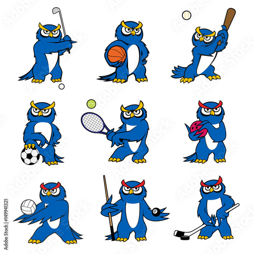 Cartoon owl play sports vector mascot icons