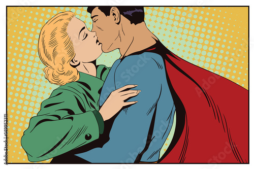 Superhero says goodbye to girl.Stock illustration.