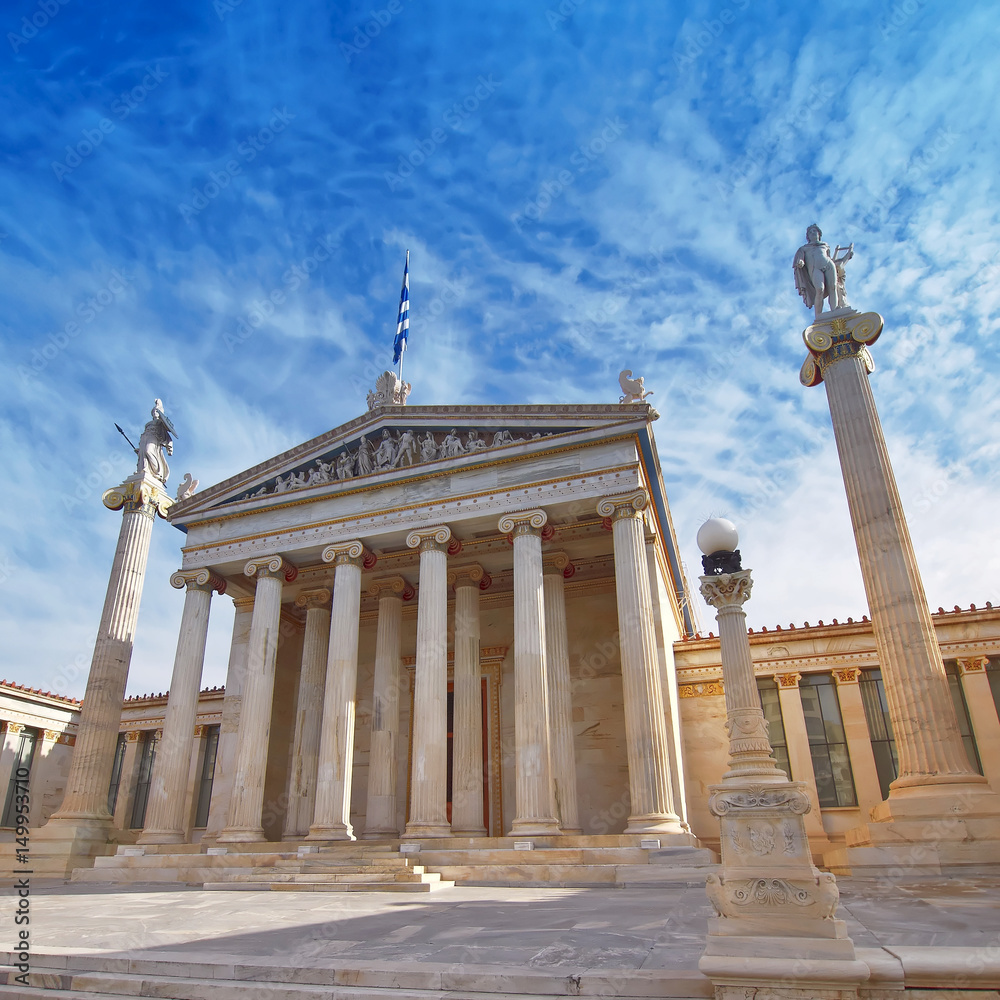 Athens Greece, the national academy neoclassical building with Athena and Apollo statues