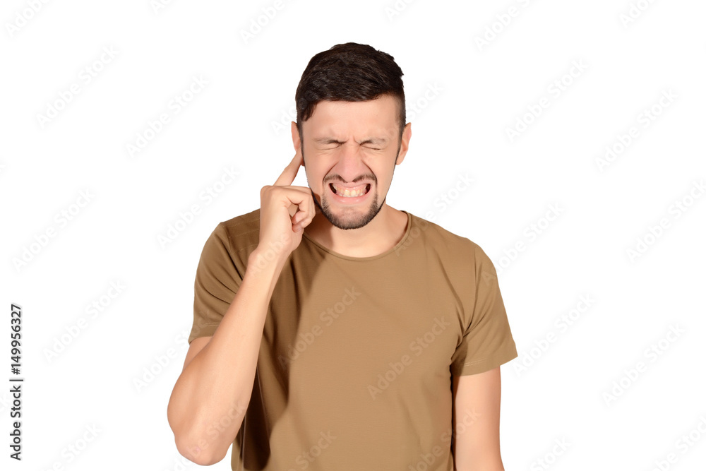 Man covering his ears. Man covering his ears.