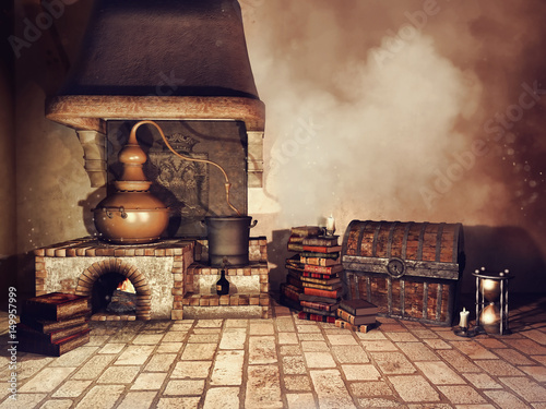 Piec alchemiczny, książki, świece i stary kufer
