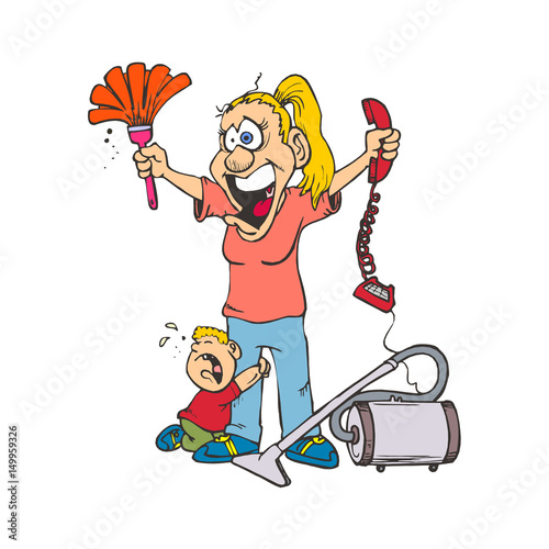 Caricature woman with tired face and crying child