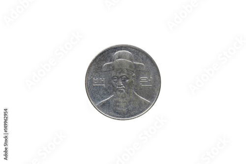 One hundred south korean wons coin year 1999 isolated on white background.