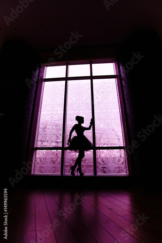 Silhouette of beautiful dancer girl on high hilts in front of window.
