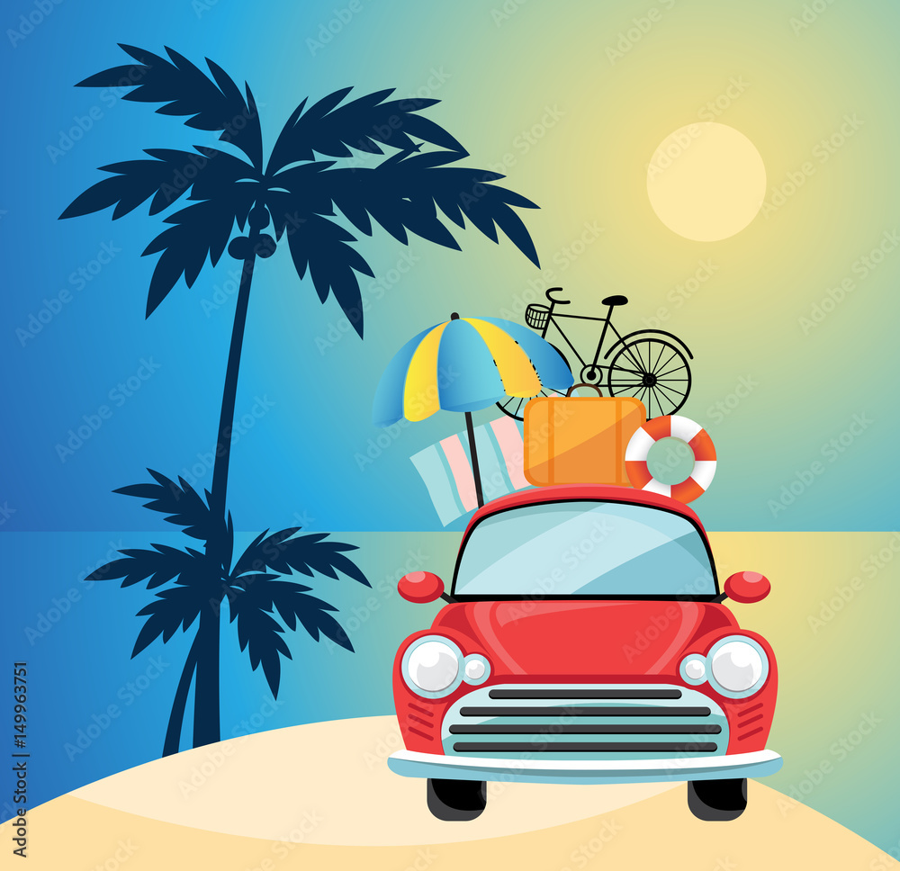 Travel by car. Flat design with Summer