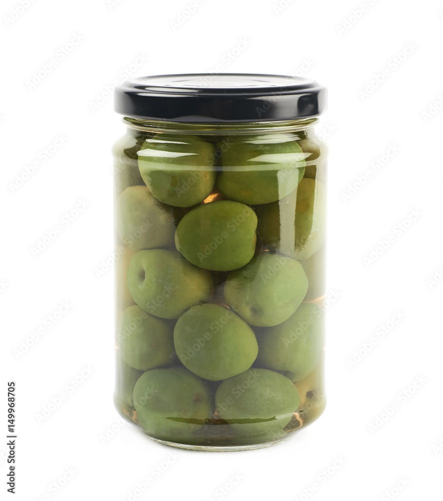 Jar of green olives isolated Jar of green olives isolated