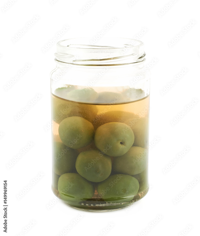 Jar of green olives isolated Jar of green olives isolated