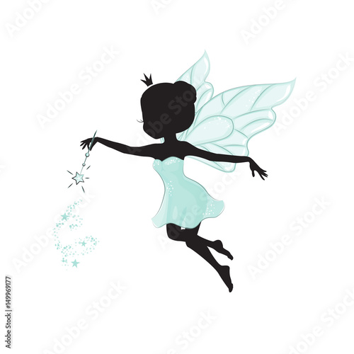 Silhouette of beautiful fairy. She has a magic wand in her hand. She is in a blue gentle, air dress. 