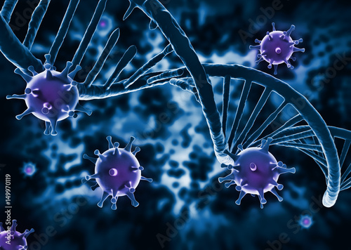 Foto DNA structure and HIV-infected, blue background