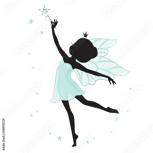 Silhouette of beautiful fairy. She is in a blue gentle, air dress and she has a magic wand in her hand. 