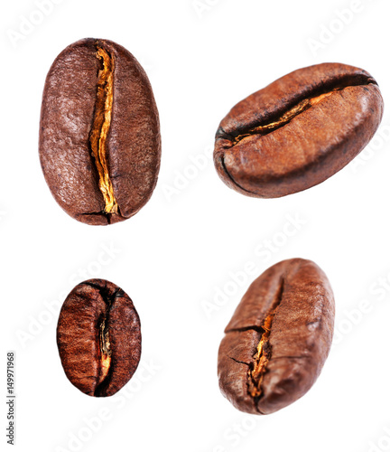 Coffee beans set Isolated on white background, closeup, macro .