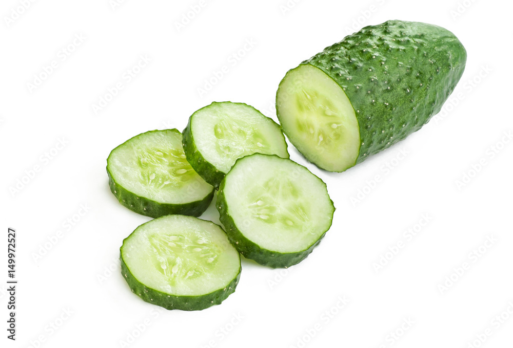 Cucumber and slices isolated over white background. Cucumber and slices isolated over white background.