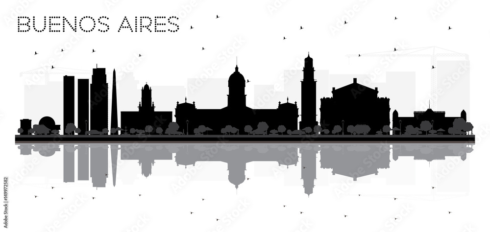 Buenos Aires skyline black and white silhouette with reflections.