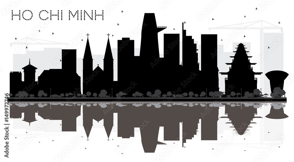 Ho Chi Minh City skyline black and white silhouette with reflections.