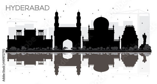 Hyderabad City skyline black and white silhouette with reflections.