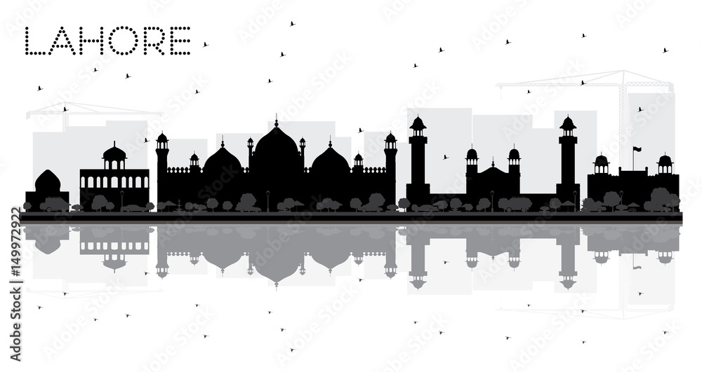 Lahore City skyline black and white silhouette with reflections.