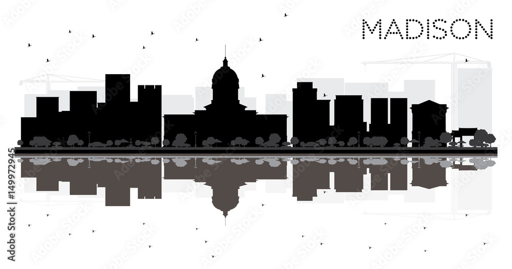 Madison City skyline black and white silhouette with reflections.