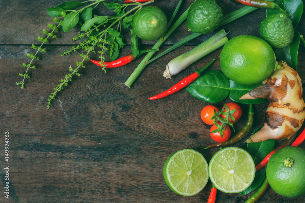 Herb and spicy ingredients for making Thai food. Recipe book with fresh herbs south asia and