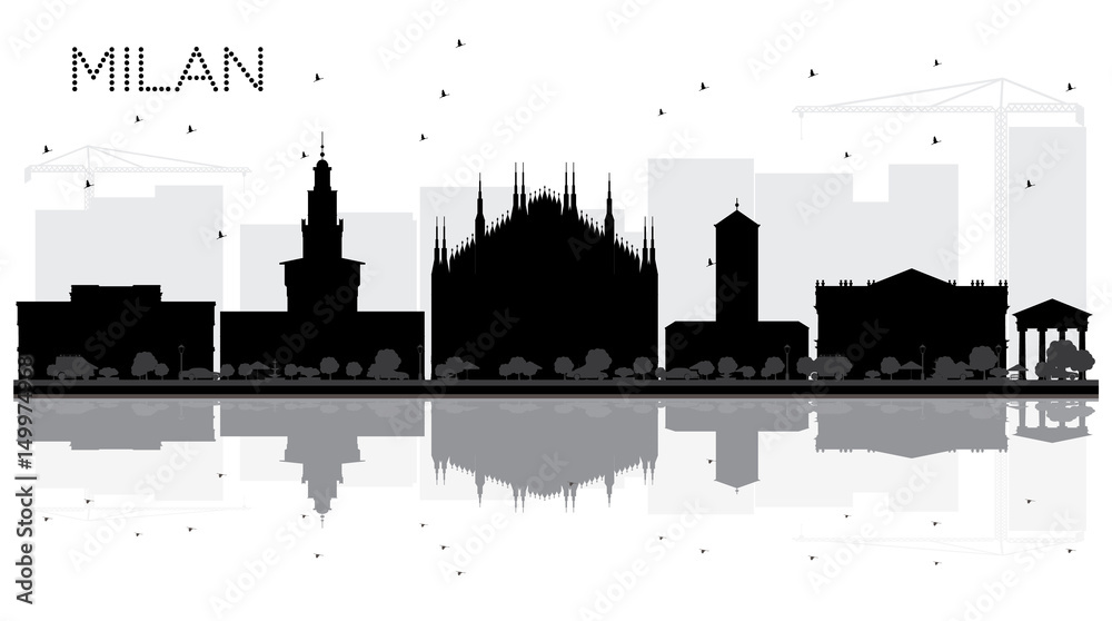 Milan City skyline black and white silhouette with reflections.