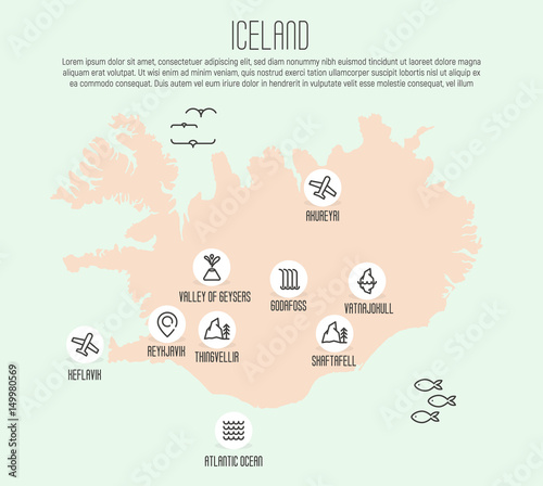 Iceland map with thin line icons of all main tourist attractions. Vector illustration.