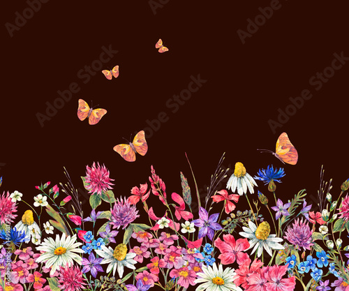 Watercolor seamless border with wildflowers