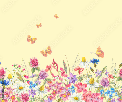 Watercolor seamless border with wildflowers © depiano