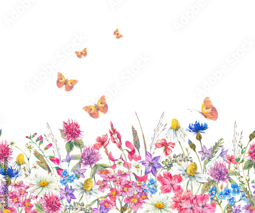 Watercolor seamless border with wildflowers