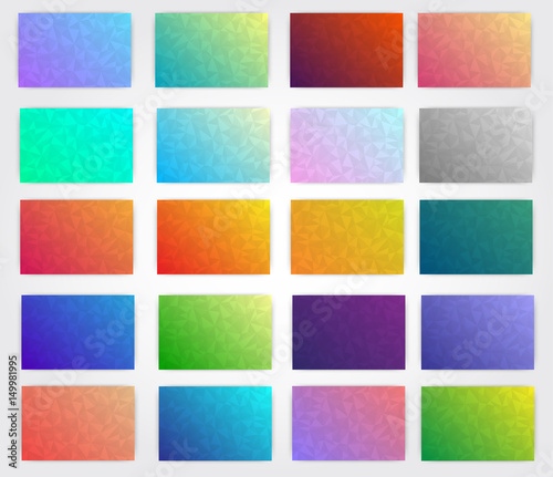 Kit of polygonal gradients for designers and developers. This is vector illustration ideal for invitation, background, business card, menu, shop, packages, wrapping paper and web elements.