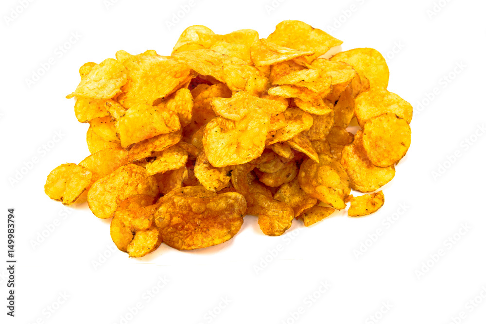 Kartoffelchips vor weißem Hintergrund Kartoffelchips vor weißem Hintergrund