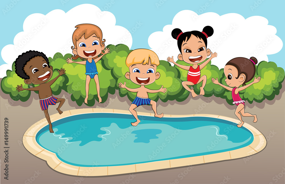 Happy kids jumping in swimming pool Stock Vector Adobe Stock