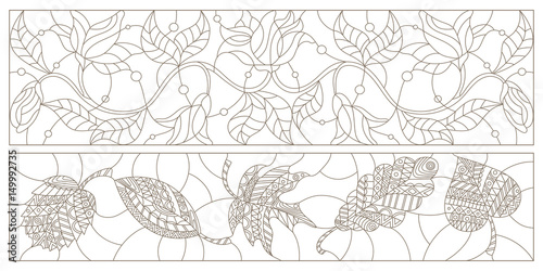 Set contour illustrations in the stained glass style with floral patterns   horizontal orientation  black contour on white background