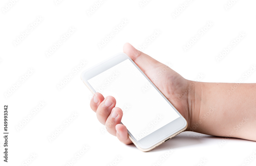 Mobile phone in boy hand with white blank touchscreen Mobile phone in boy hand with white blank touchscreen