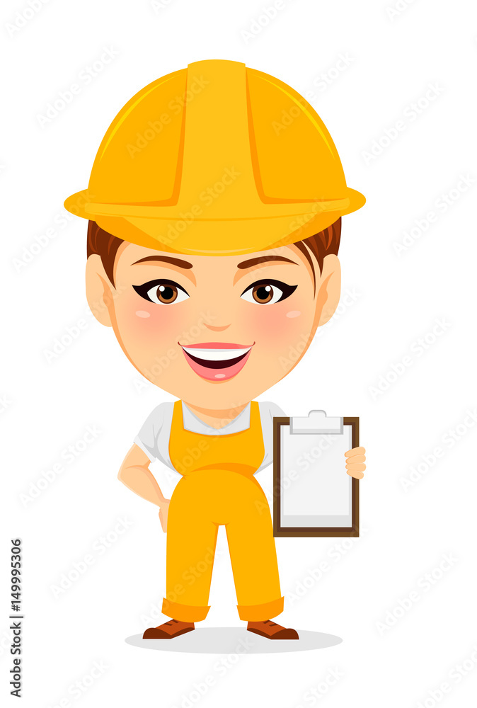 Builder woman. Funny female worker with big head holding clipboard. Humorous cartoon character repairer. Vector illustration. Builder woman. Funny female worker with big head holding clipboard. Humorous cartoon character repairer. Vector illustration.