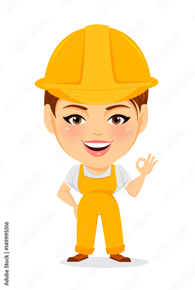Builder woman. Funny female worker with big head showing OK gesture. Humorous cartoon character. Vector illustration. Builder woman. Funny female worker with big head showing OK gesture. Humorous cartoon character. Vector illustration.