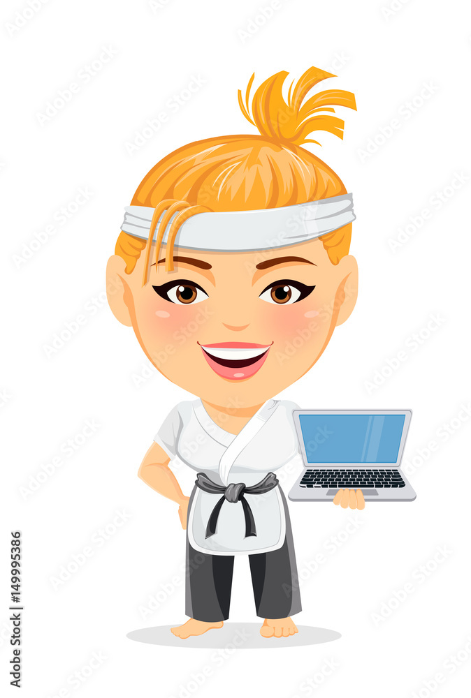 Karate woman in kimono. Smiling funny cartoon character with big head holding laptop. Vector illustration. Karate woman in kimono. Smiling funny cartoon character with big head holding laptop. Vector illustration.