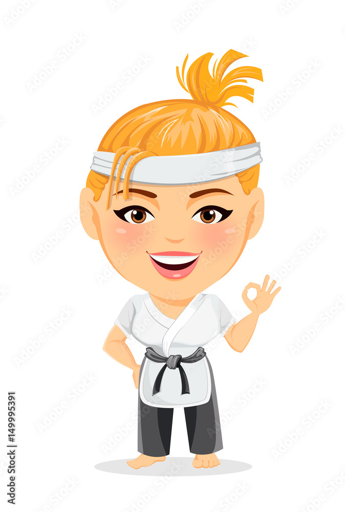 Karate woman in kimono. Smiling funny cartoon character with big head showing OK gesture. Vector illustration.
