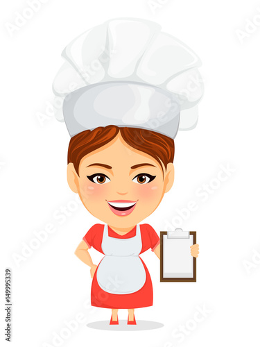 Cook woman, female master chef. Funny cartoon character with big head holding blank clipboard. Humorous vector illustration.