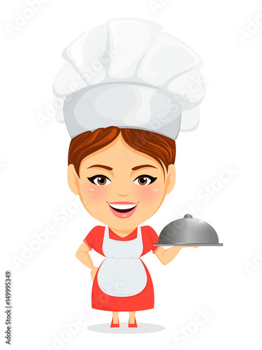 Cook woman, female master chef. Funny cartoon character with big head holding restaurant cloche. Humorous vector illustration.