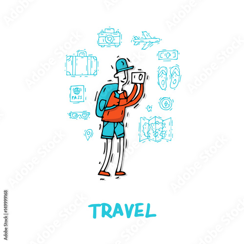 World Travel. Hand drawn. Planning summer vacations. Summer holiday  journey  traveling set of icons. Tourism and vacation theme. Flat design vector illustration.