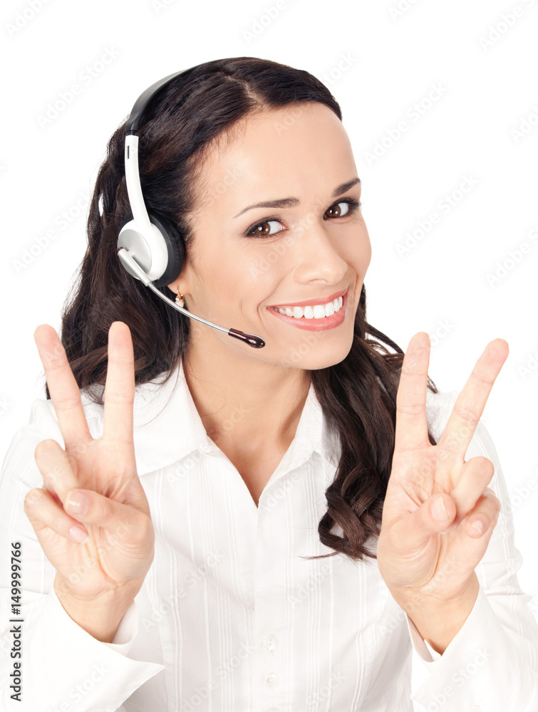 Support operator showing two fingers, on white Support operator showing two fingers, on white